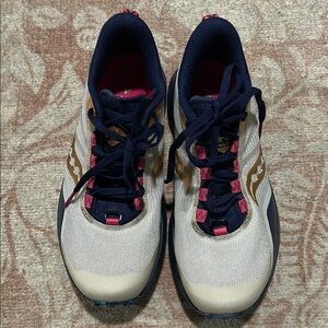 Saucony Women's Silver, Cream and Navy Sneakers with Pink Accents